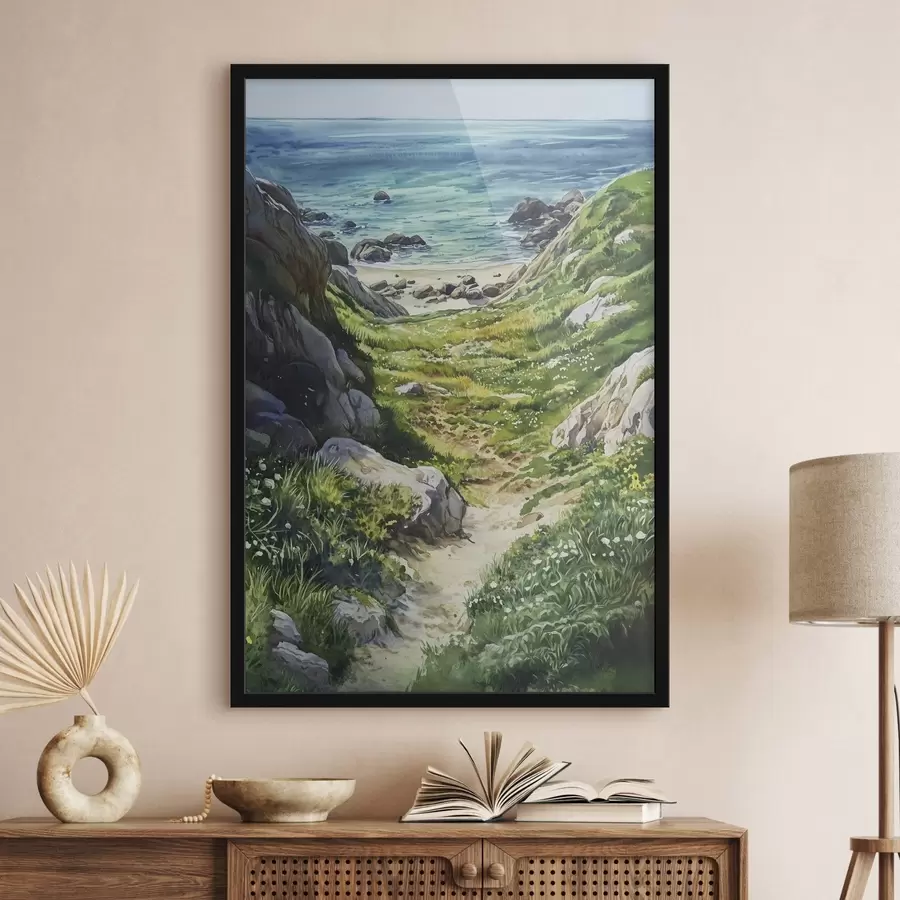 Fotobehang Zeekust met rotsen en groen gras, aquarel stijl, zomer f44616