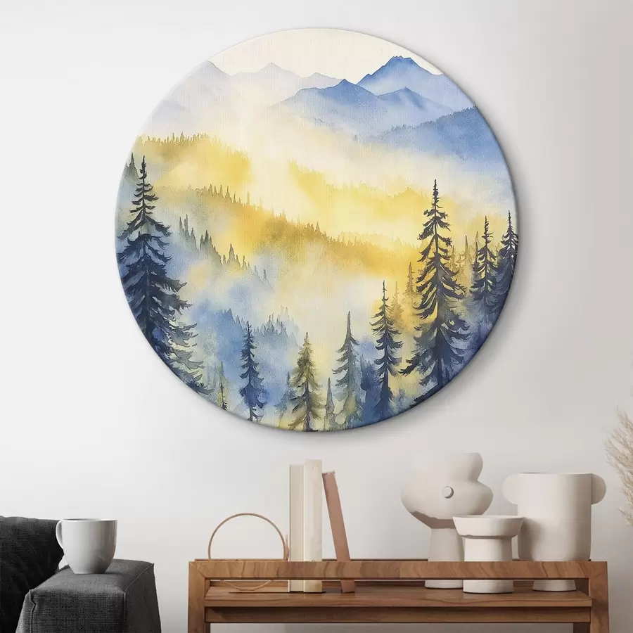  Schilderijen Mistige bergen bij zonsopgang, dennenbossen, blauwe en gele kleuren r44602