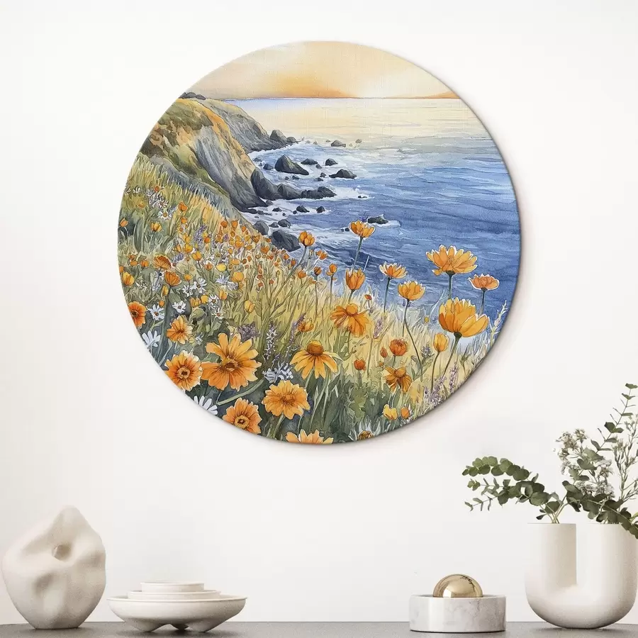  Schilderijen Klif met oranje bloemen, oceaankust, Portugal, aquarelstijl r44604