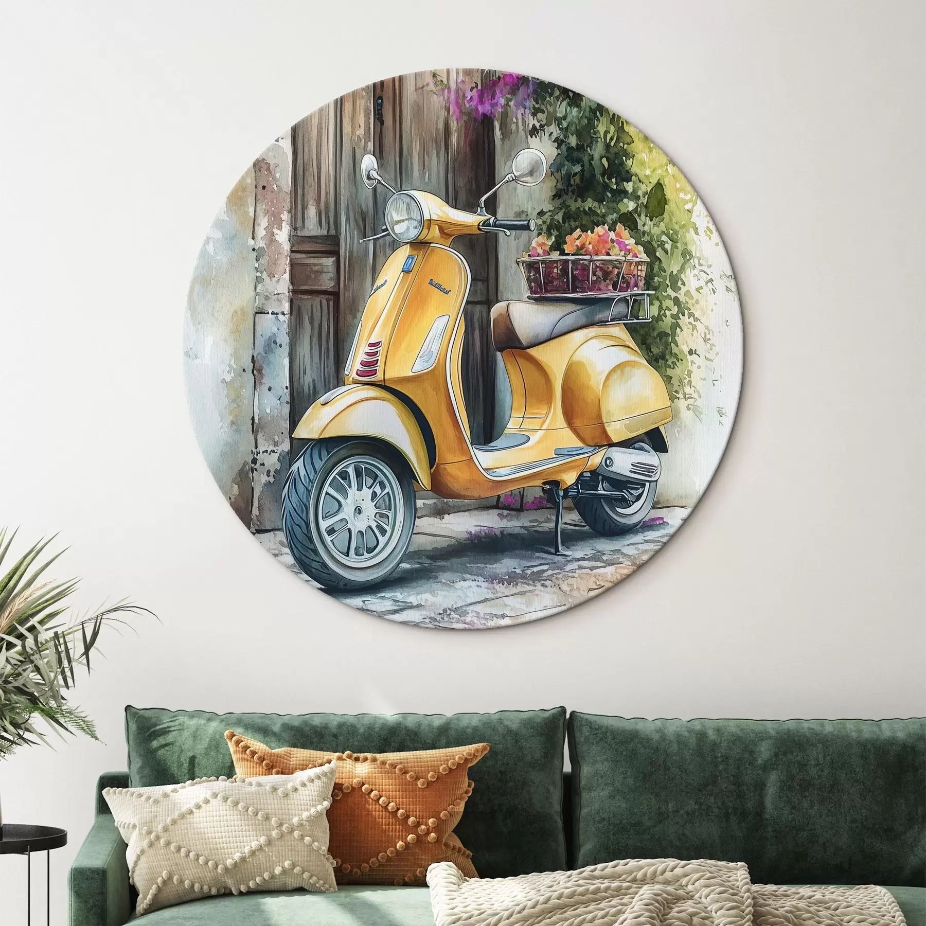  Schilderijen Gele Vespa scooter bij houten deur met bloemen r44607