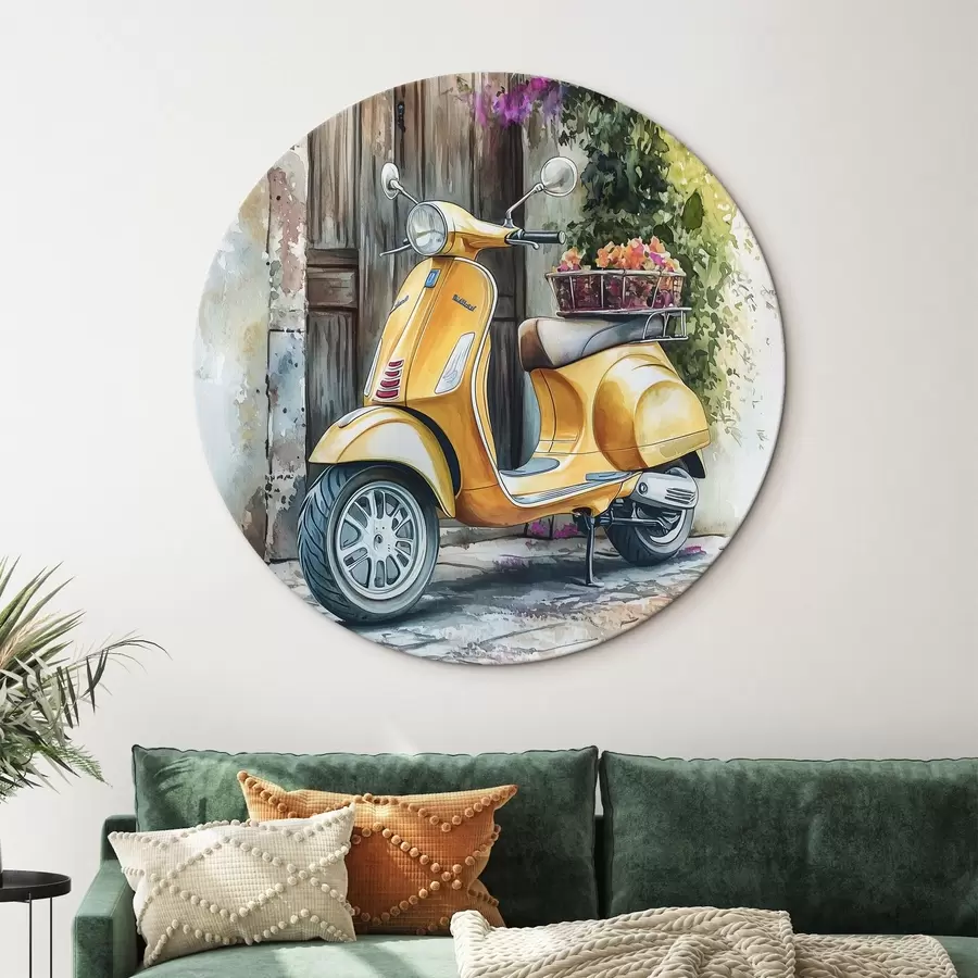  Schilderijen Gele Vespa scooter bij houten deur met bloemen r44607