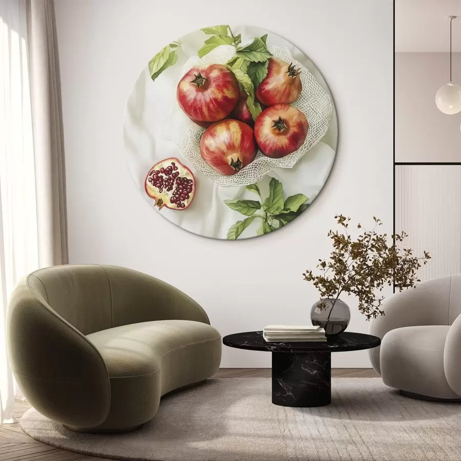  Schilderijen Granaatappels met muntblaadjes op de linnen tafelkleden, rustieke stijl r44611