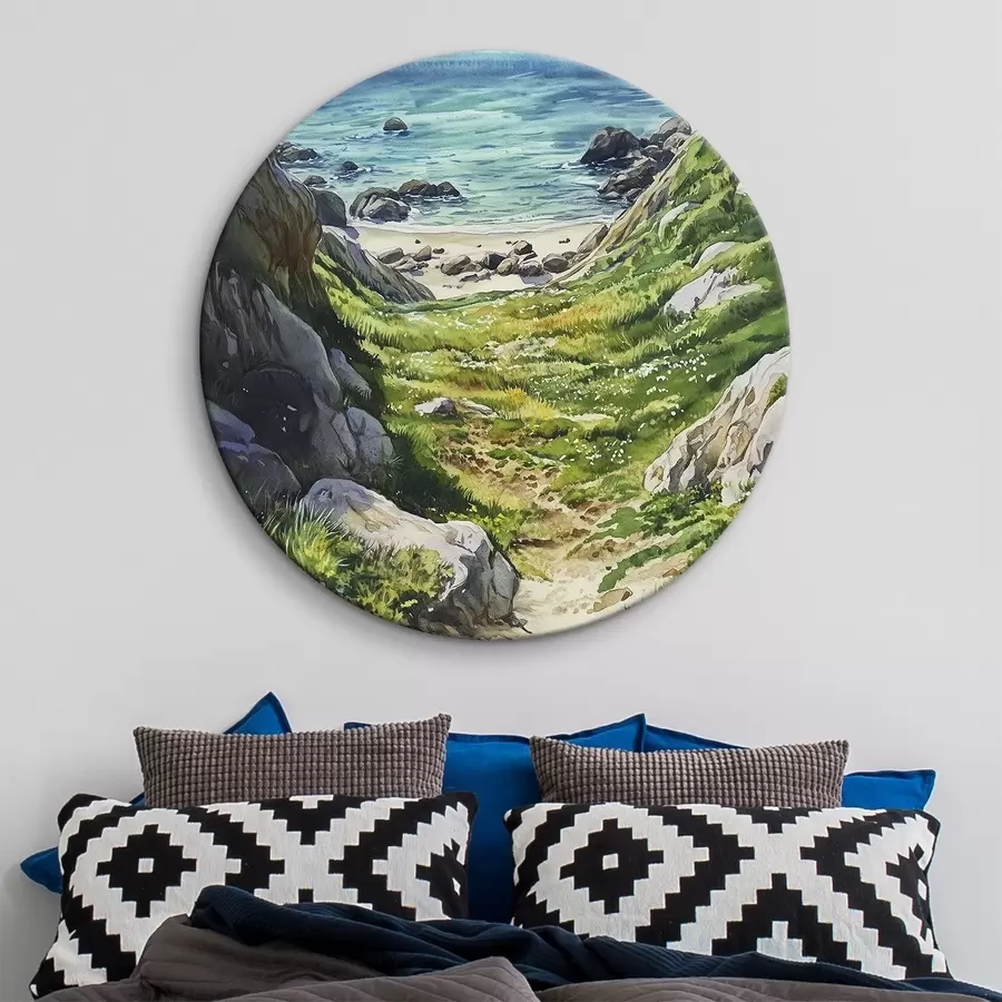  Schilderijen Zeekust met rotsen en groen gras, aquarel stijl, zomer r44616