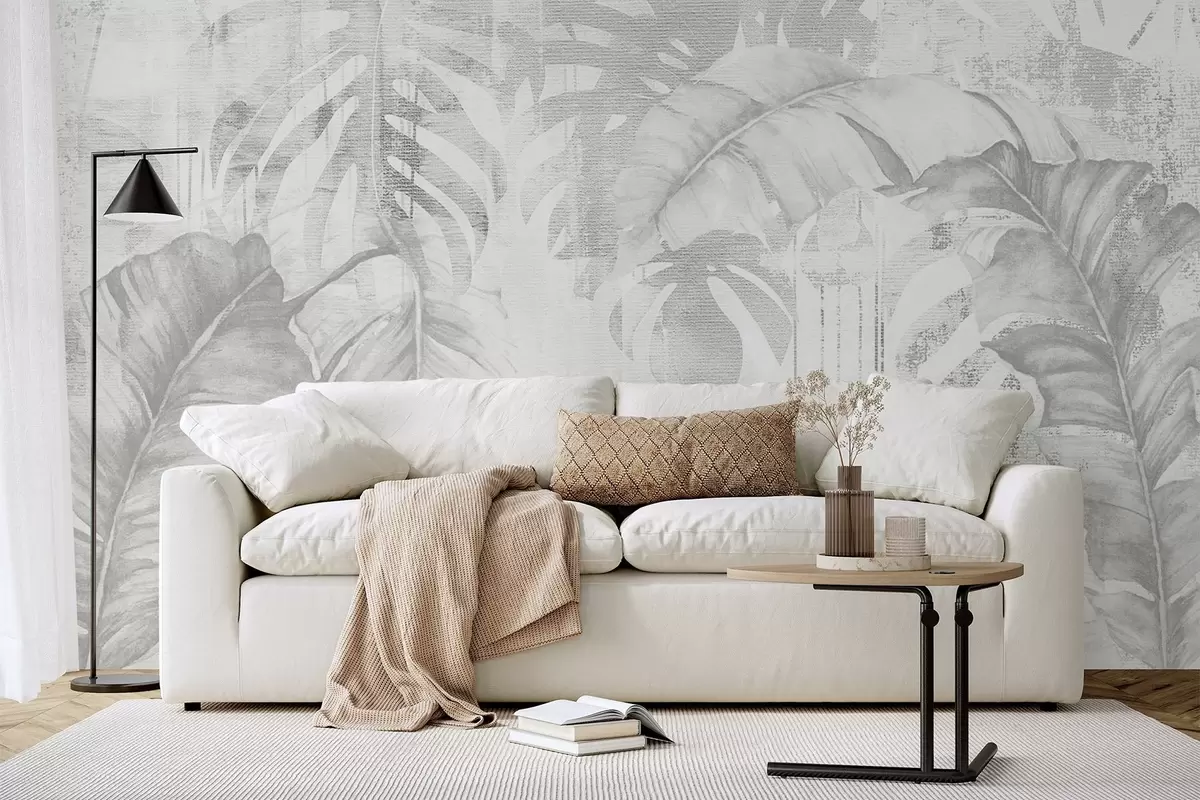 Papier peint photo Feuilles tropicales en style grunge, tons monochromes w03956v1