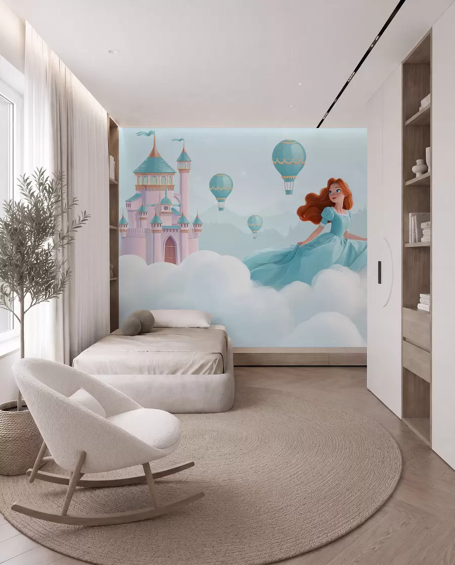 Fotobehang Prinses tussen de wolken op de achtergrond van het landschap met het kasteel w04015