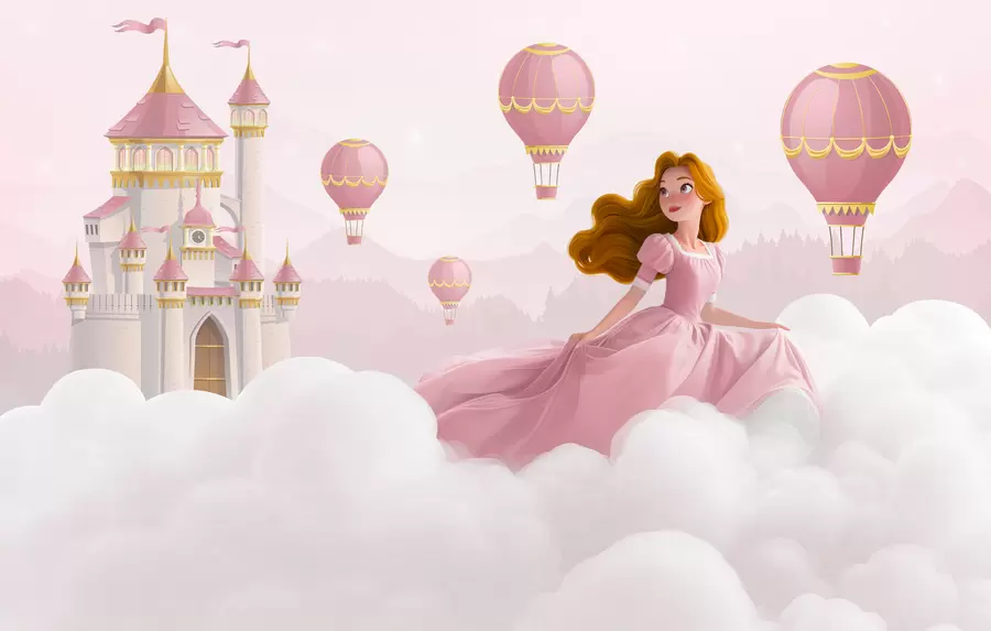 Fotobehang Prinses tussen de wolken op de achtergrond van het landschap met het kasteel w04015v1