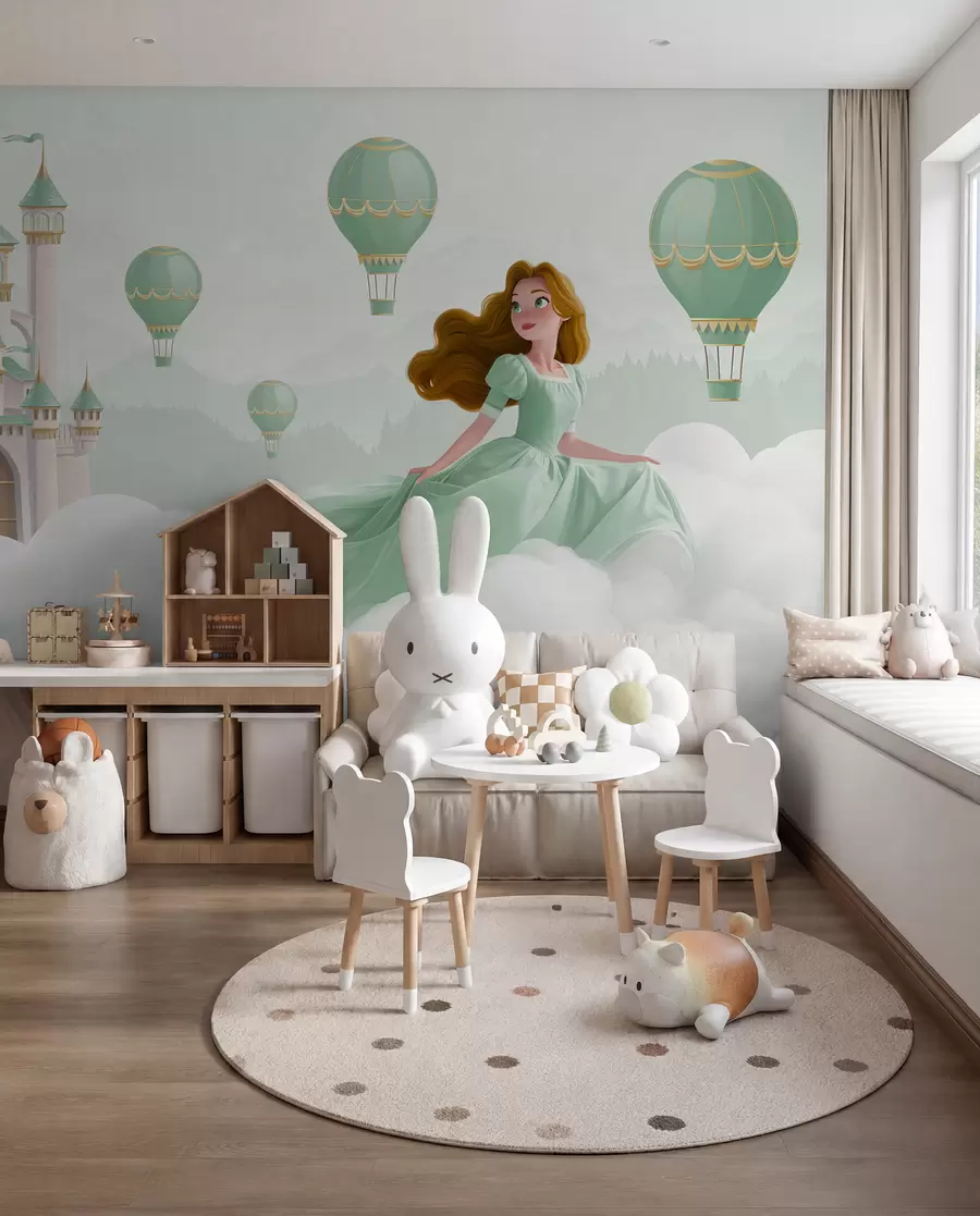 Fotobehang Prinses tussen de wolken op de achtergrond van het landschap met het kasteel w04015v2