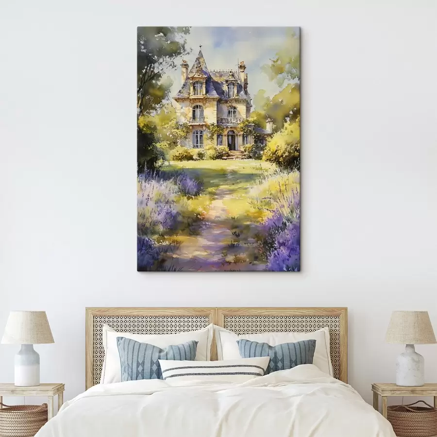  Peintures Chalet de campagne français, style aquarelle, champs de lavande s44501