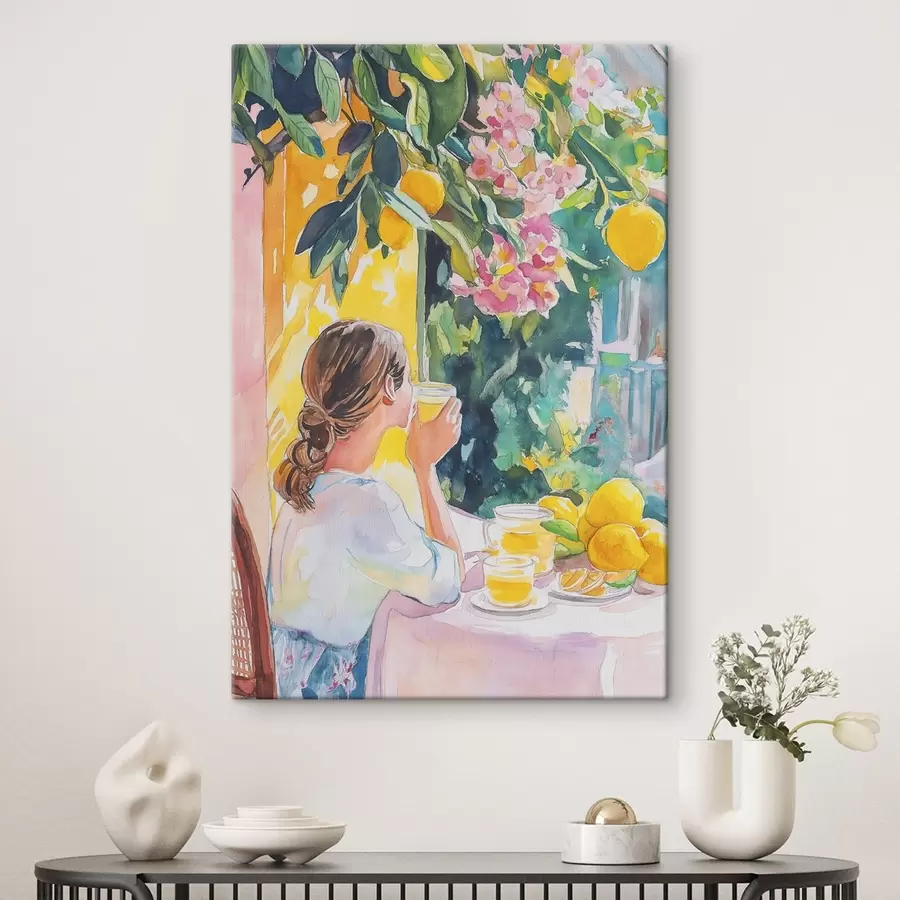  Peintures L'été, une fille dans un café, limoncello, Italie, style aquarelle s44505