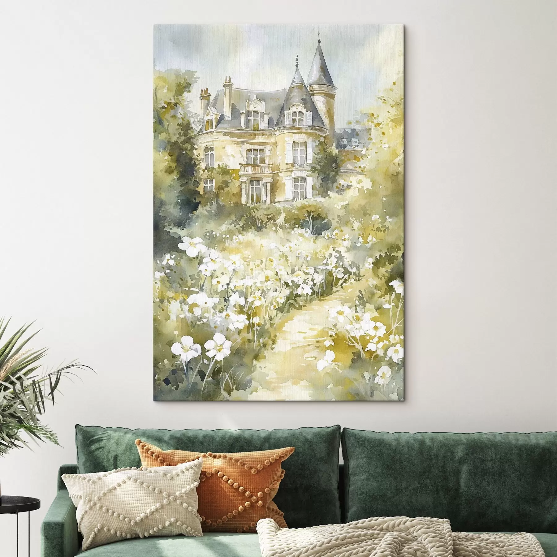 Papier peint photo Beau château avec de la verdure et des fleurs blanches, style aquarelle s44506