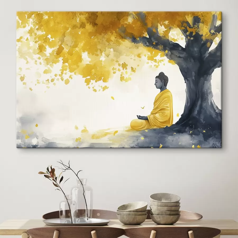  Peintures Bouddha en méditation sous l'arbre, couleurs jaune et grise s44509