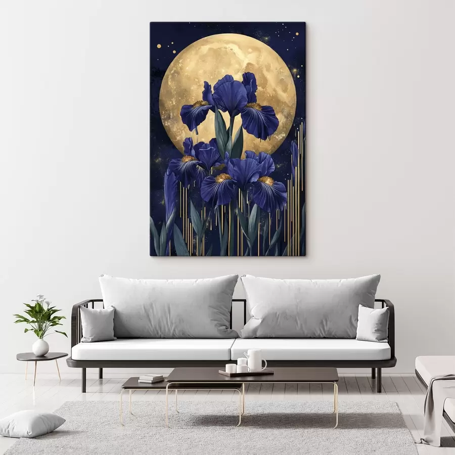 Schilderijen Irisbloemen, stralende maan, nachtelijke hemel, blauwe kleuren s44510