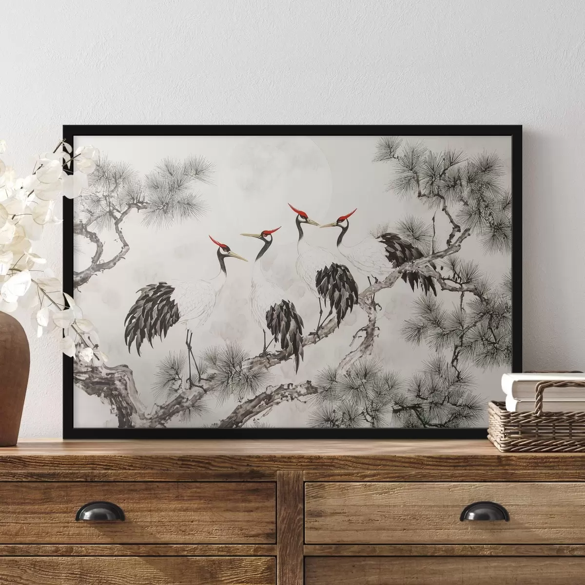 Poster Chinese kunst met kraanvogels en pijnbomen, oosterse stijl, natuur f44503