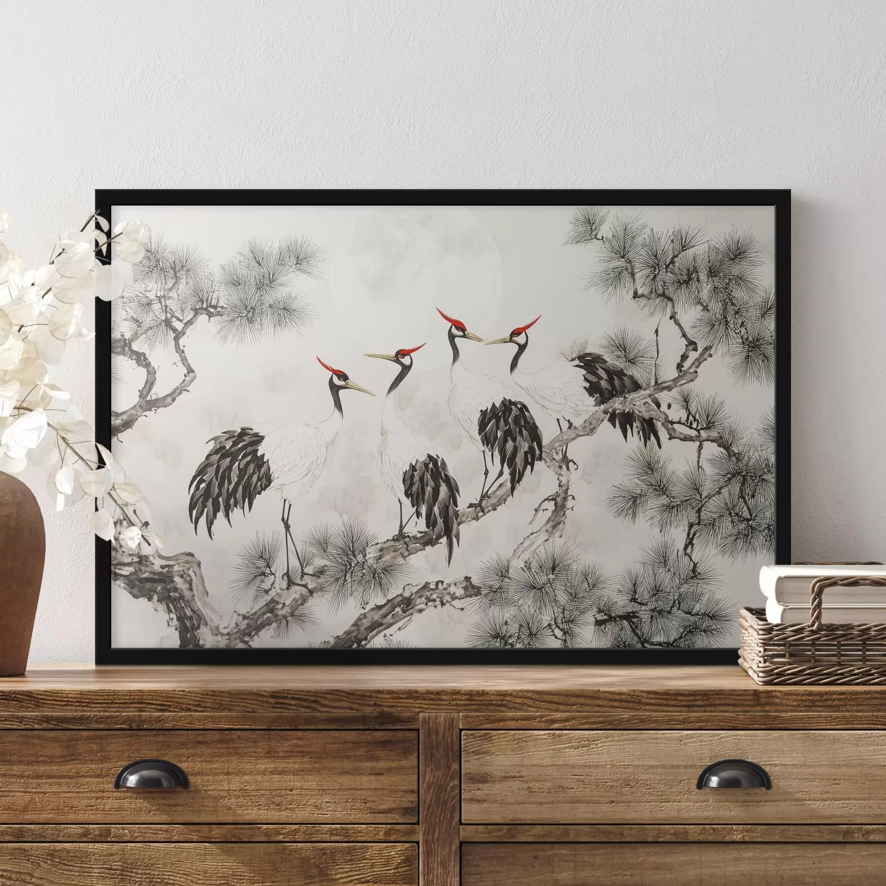 Fotobehang Chinese kunst met kraanvogels en pijnbomen, oosterse stijl, natuur f44503