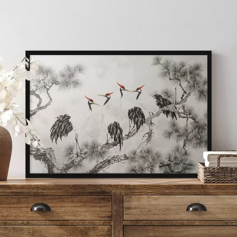 Papier peint photo Art chinois avec grues et pins, style oriental, nature f44503