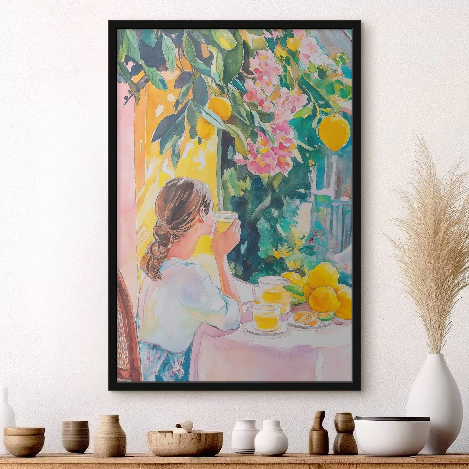  Schilderijen Zomervibes, meisje in het café, limoncello, Italië, aquarelstijl f44505