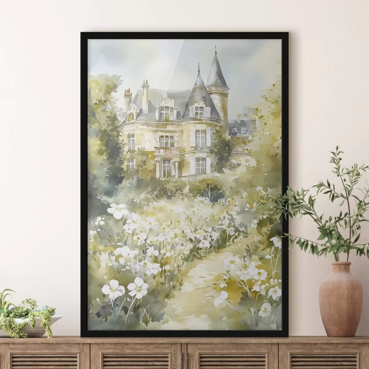 Affiche Beau château avec de la verdure et des fleurs blanches, style aquarelle f44506