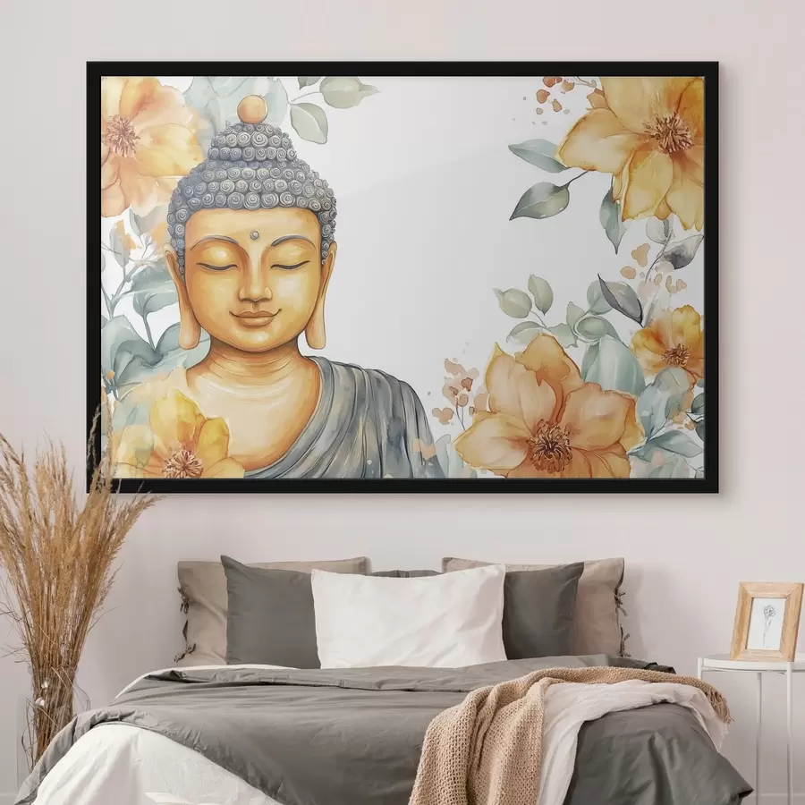 Papier peint photo Bouddha entouré de fleurs orange, style aquarelle f44508