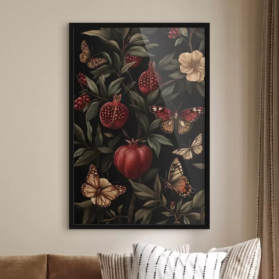 Fotobehang Botanische kunst met granaatappels en vlinders f44511