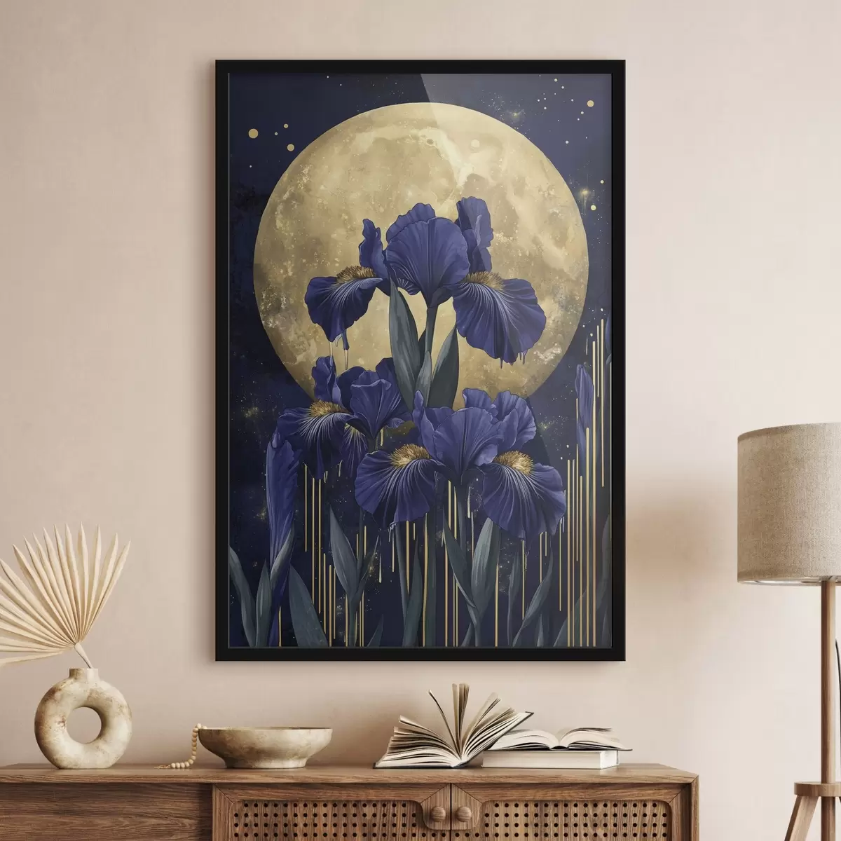 Poster Irisbloemen, stralende maan, nachtelijke hemel, blauwe kleuren f44510