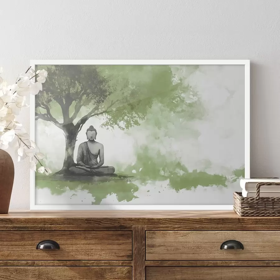 Papier peint photo Bouddha assis sous l'arbre, méditation, spirituel, couleurs vertes f44512v1