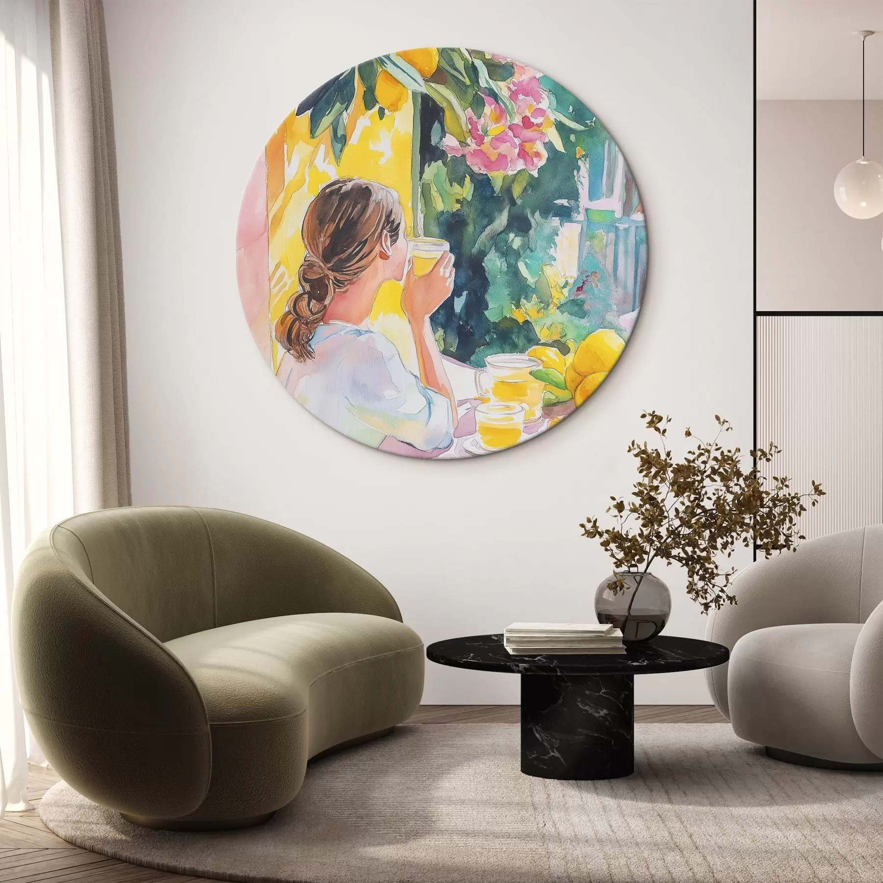  Peintures L'été, une fille dans un café, limoncello, Italie, style aquarelle r44505