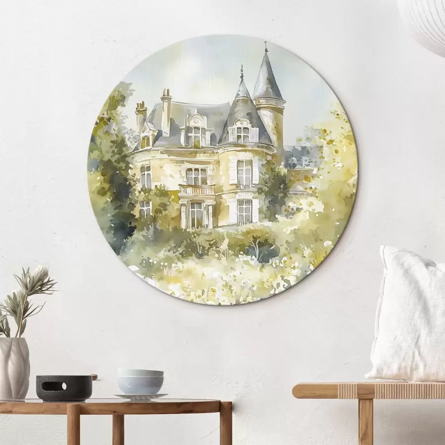  Schilderijen Prachtig kasteel met groen en witte bloemen, aquarelstijl r44506