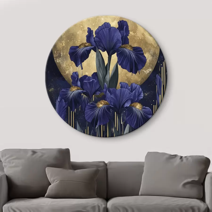  Schilderijen Irisbloemen, stralende maan, nachtelijke hemel, blauwe kleuren r44510