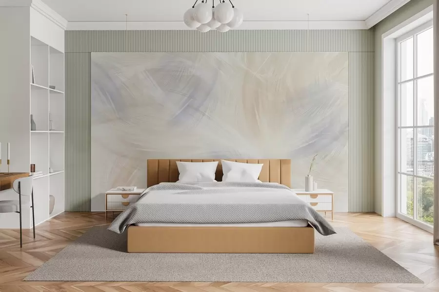 Fotobehang luchtige veren in blauw- en beigetinten w04071v2