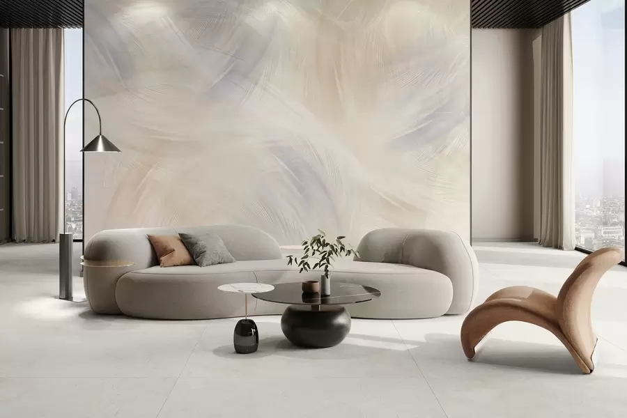 Fotobehang luchtige veren in blauw- en beigetinten w04071v2