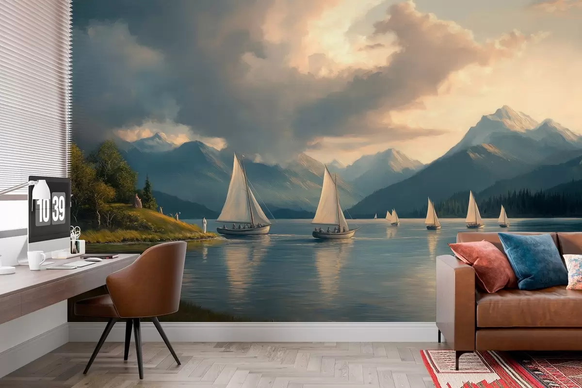 Papier peint photo régate sur un lac avec un ciel nuageux dans le style d'une peinture à l'huile du 19ème siècle w04076