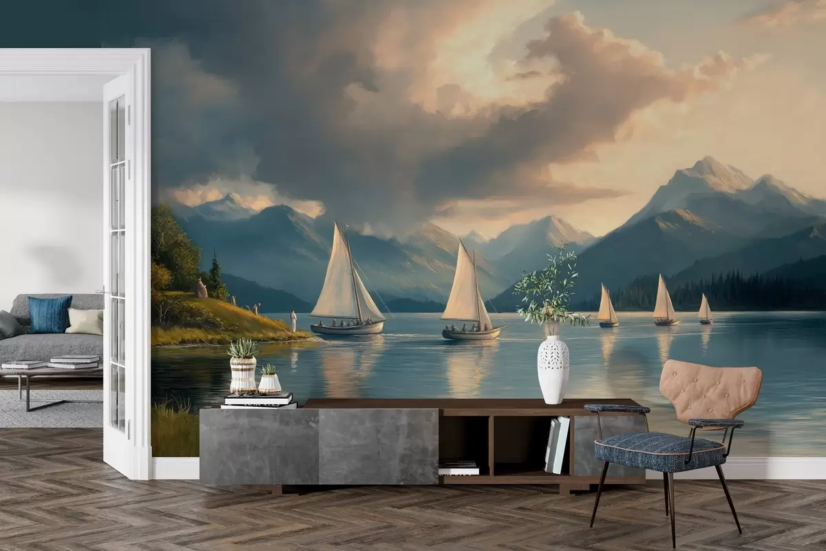 Fotobehang regatta op een meer met een bewolkte lucht in de stijl van een 19e eeuws olieverfschilderij w04076