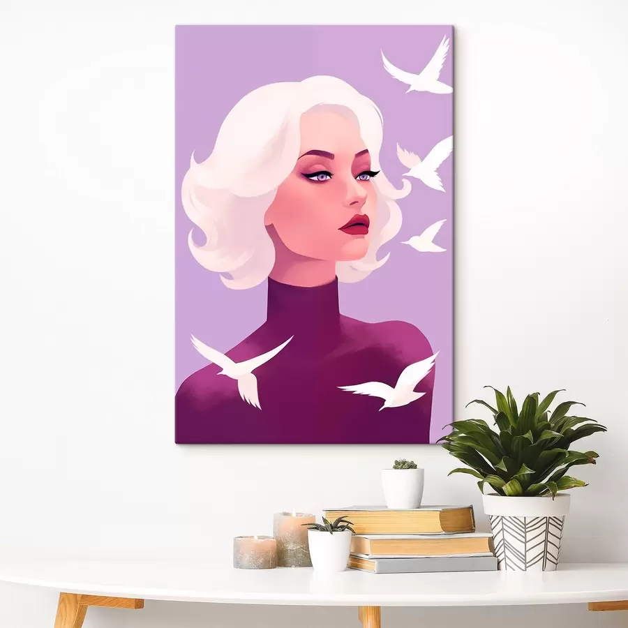  Schilderijen Vrouwenportret met wit haar op de achtergrond met vogels s44681