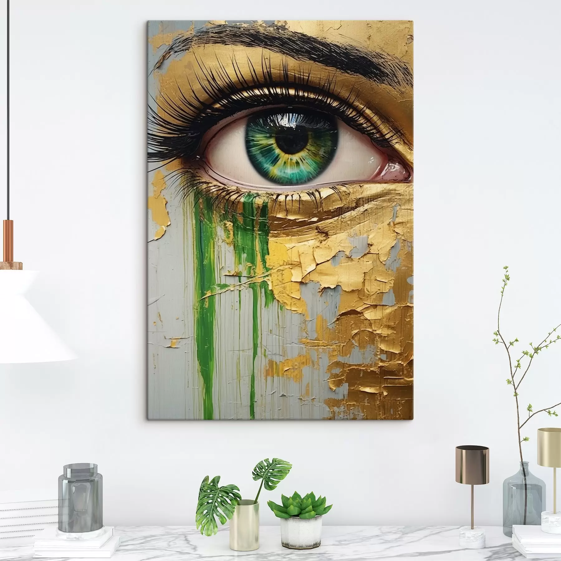 Fotobehang Groen oog op de achtergrond van gebarsten verf s44690