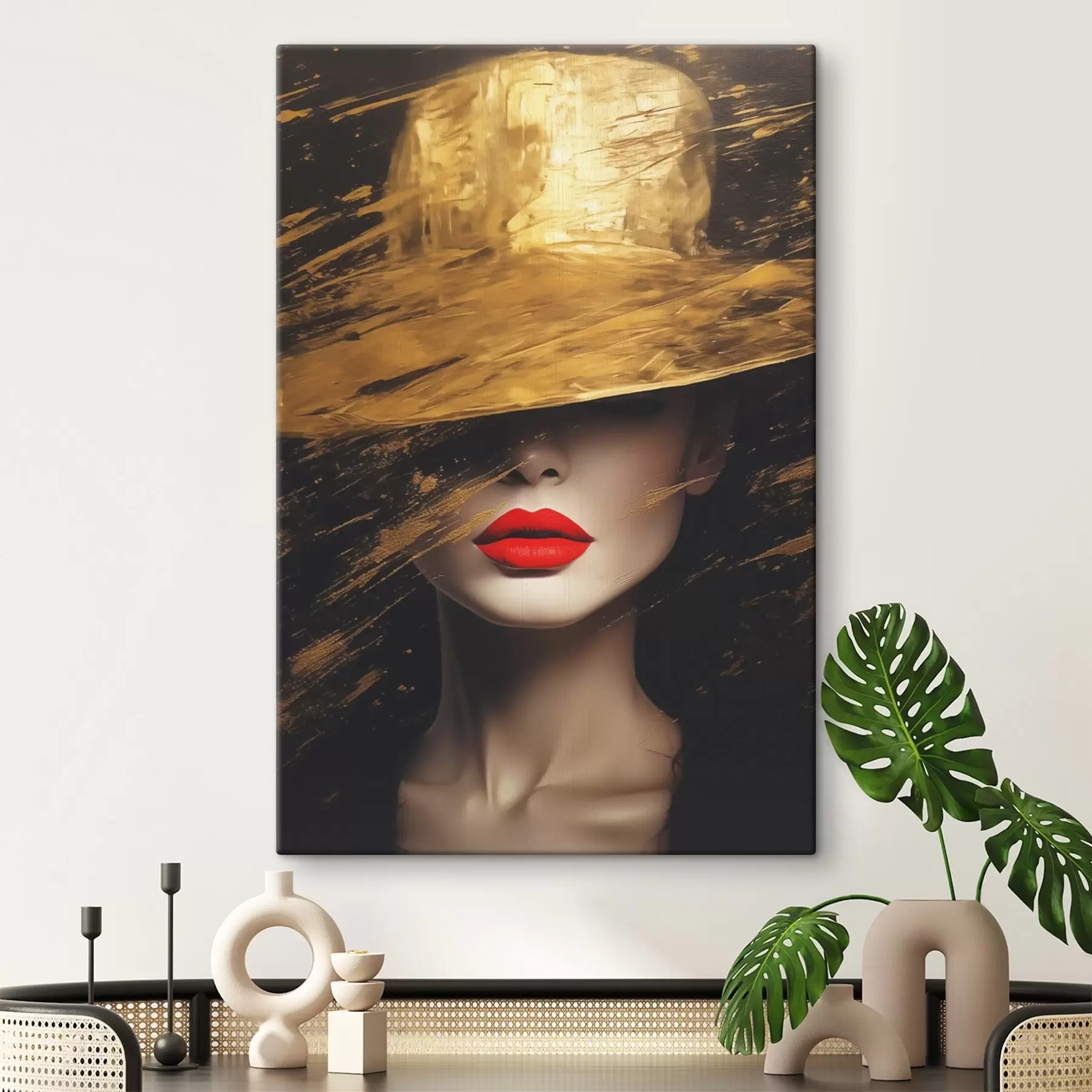 Papier peint photo Visage féminin avec rouge à lèvres rouge sous un chapeau large s44691