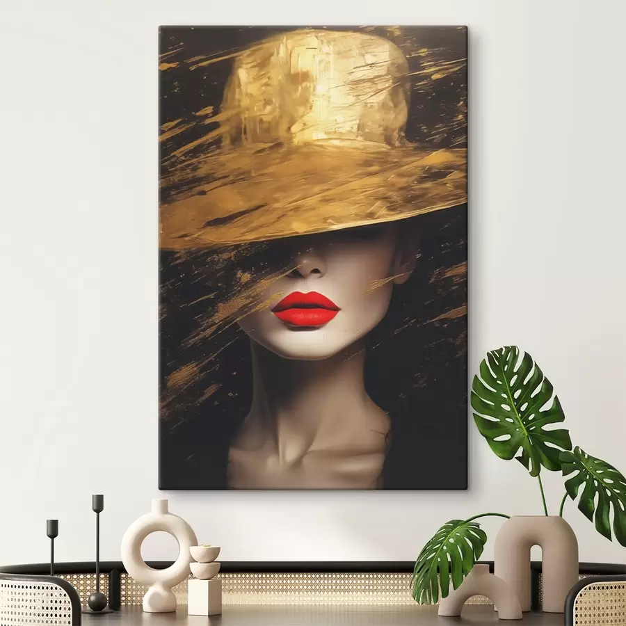  Peintures Visage féminin avec rouge à lèvres rouge sous un chapeau large s44691