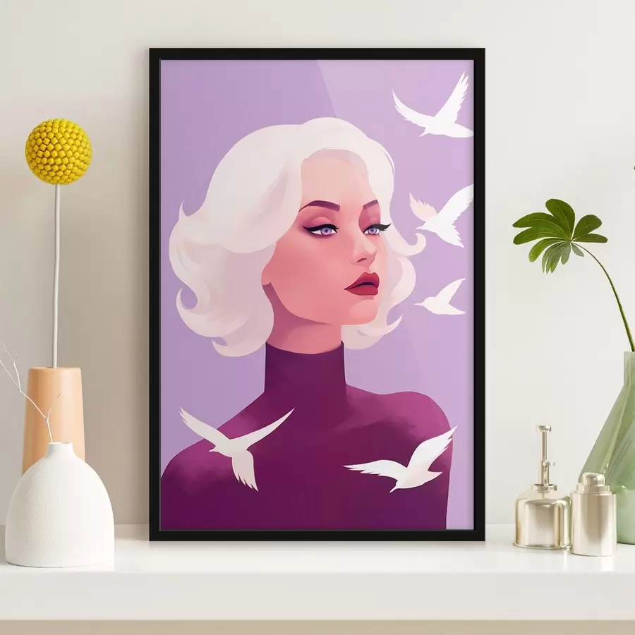 Papier peint photo Portrait de femme aux cheveux blancs sur fond d'oiseaux f44681