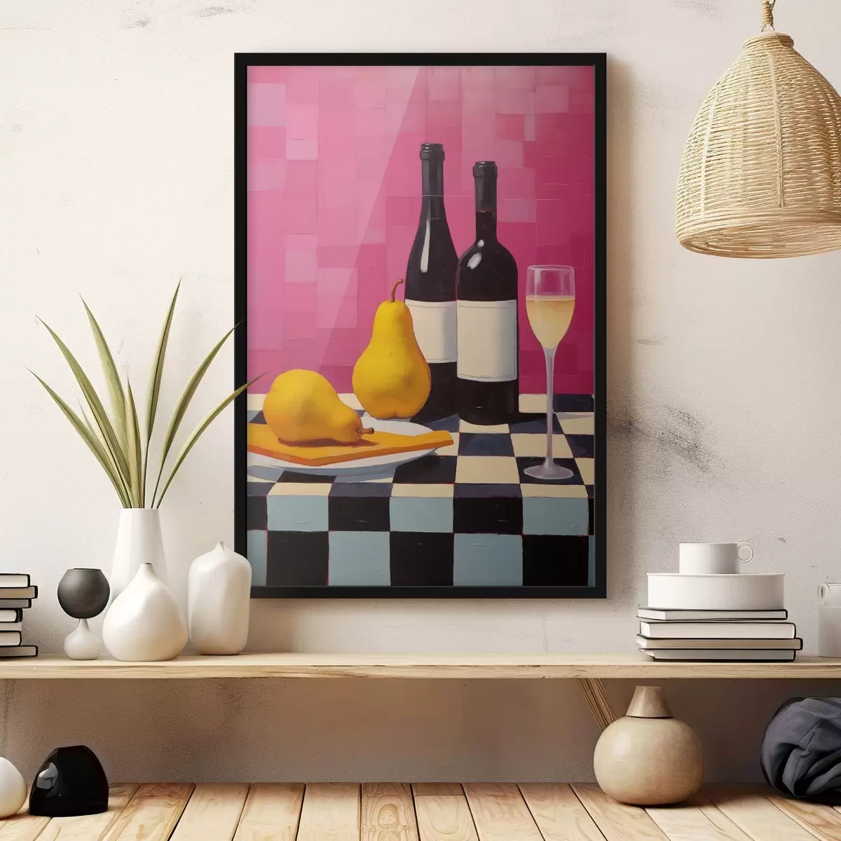 Affiche Poires, un verre de vin et deux bouteilles de vin f44683
