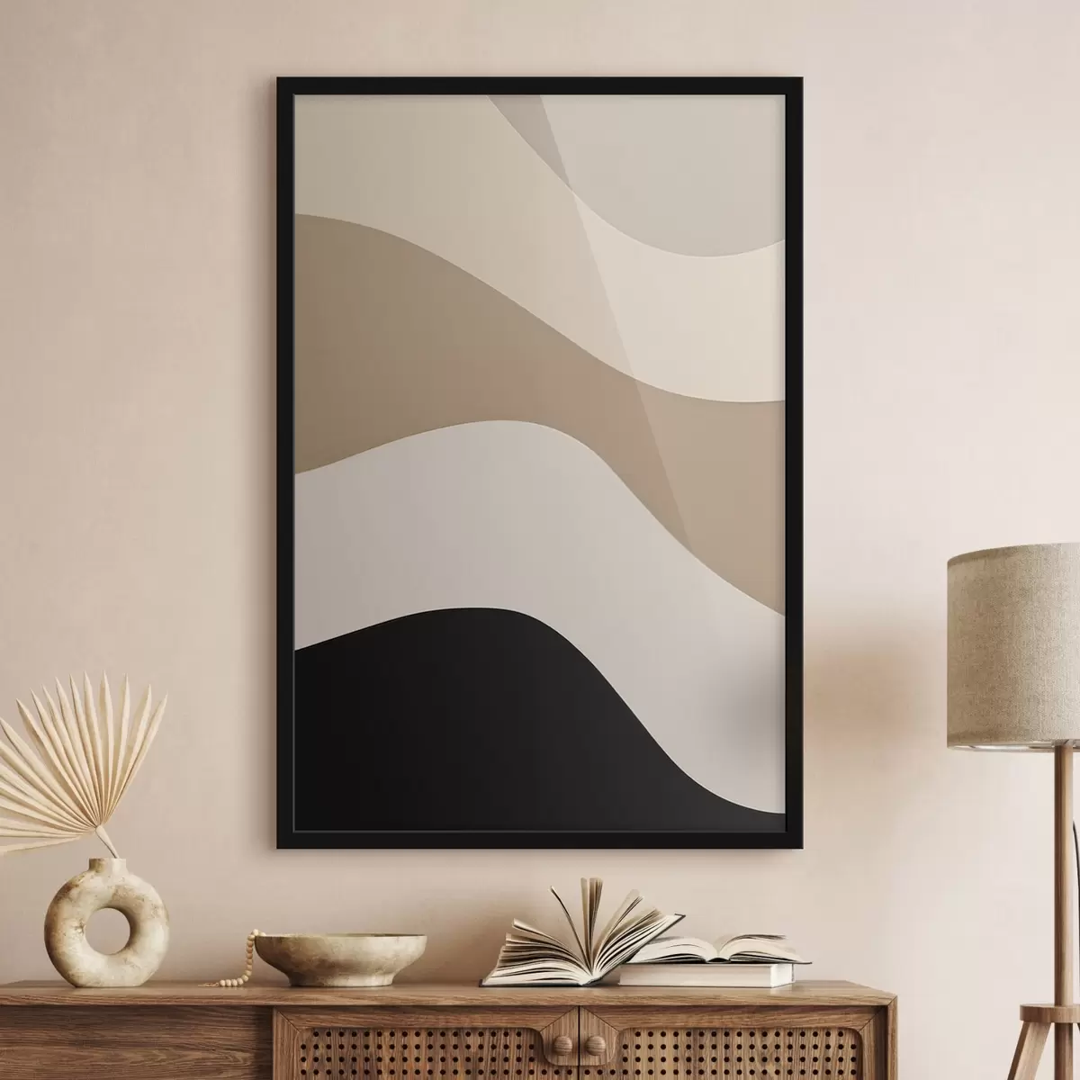 Poster Abstracte golven in beige en zwart f44687