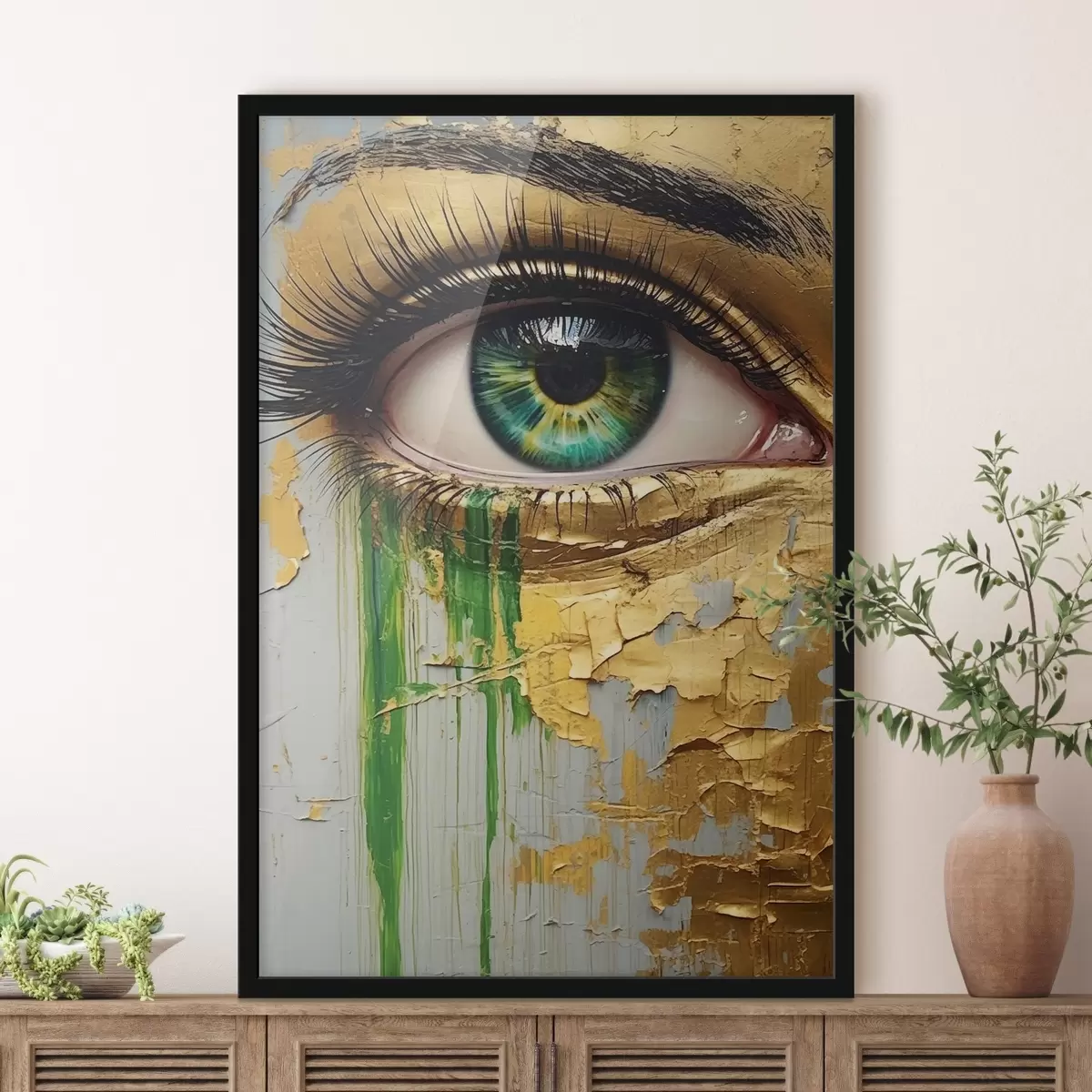 Poster Groen oog op de achtergrond van gebarsten verf f44690