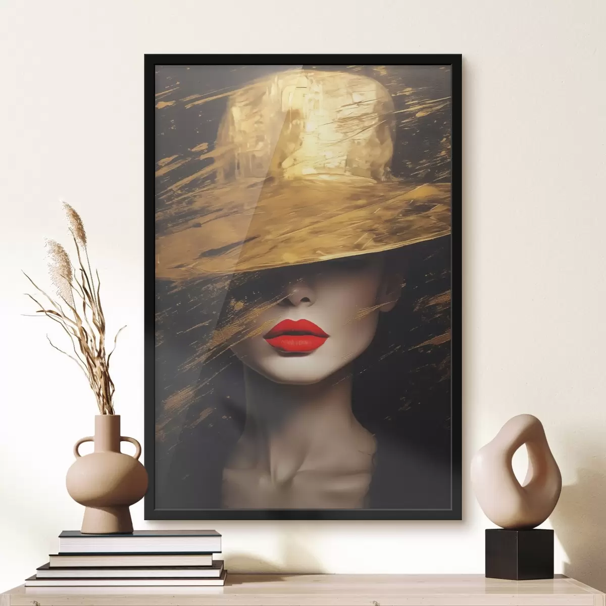 Affiche Visage féminin avec rouge à lèvres rouge sous un chapeau large f44691