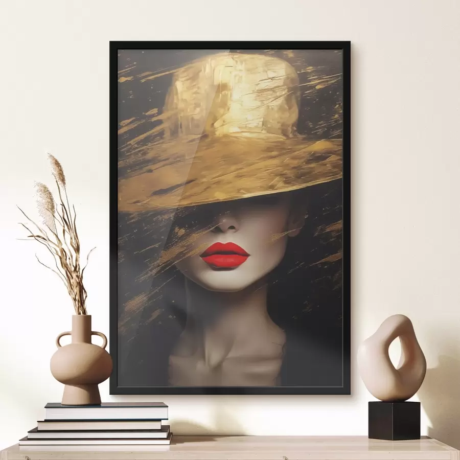 Fotobehang Vrouwengezicht met rode lippenstift onder brede hoed f44691