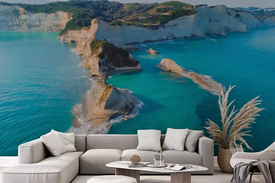 Fotobehang Griekenland eiland, olieverftextuur, zeekust, aquamarijn water, realisme w04094