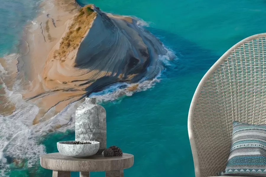 Fotobehang Griekenland eiland, olieverftextuur, zeekust, aquamarijn water, realisme w04094