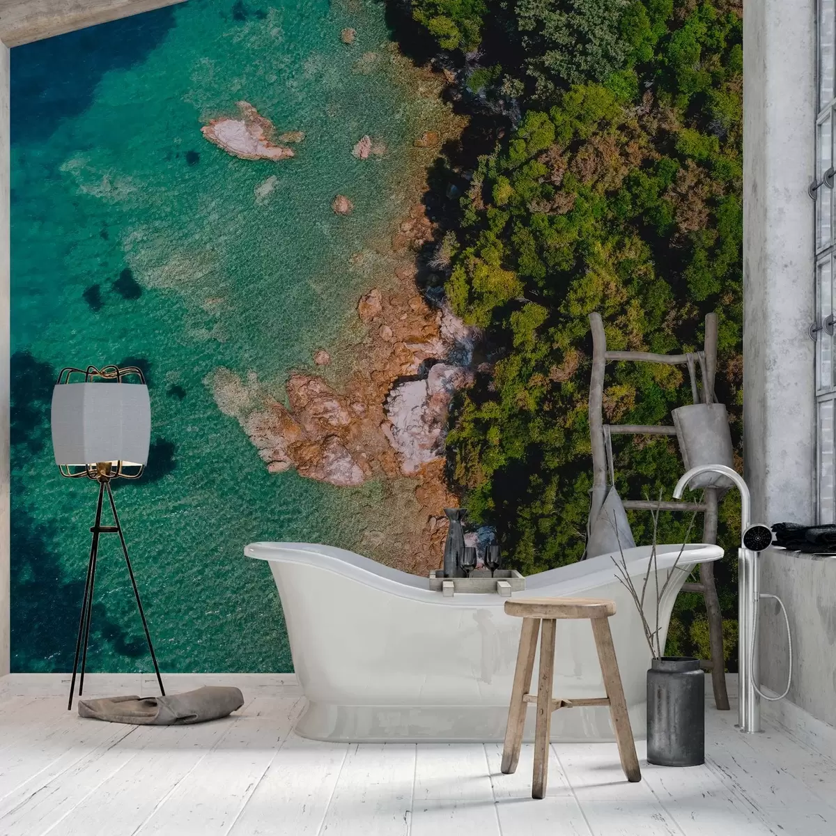 Fotobehang Spanje zeekust met water, dennenbos, luchtfotografie w04099