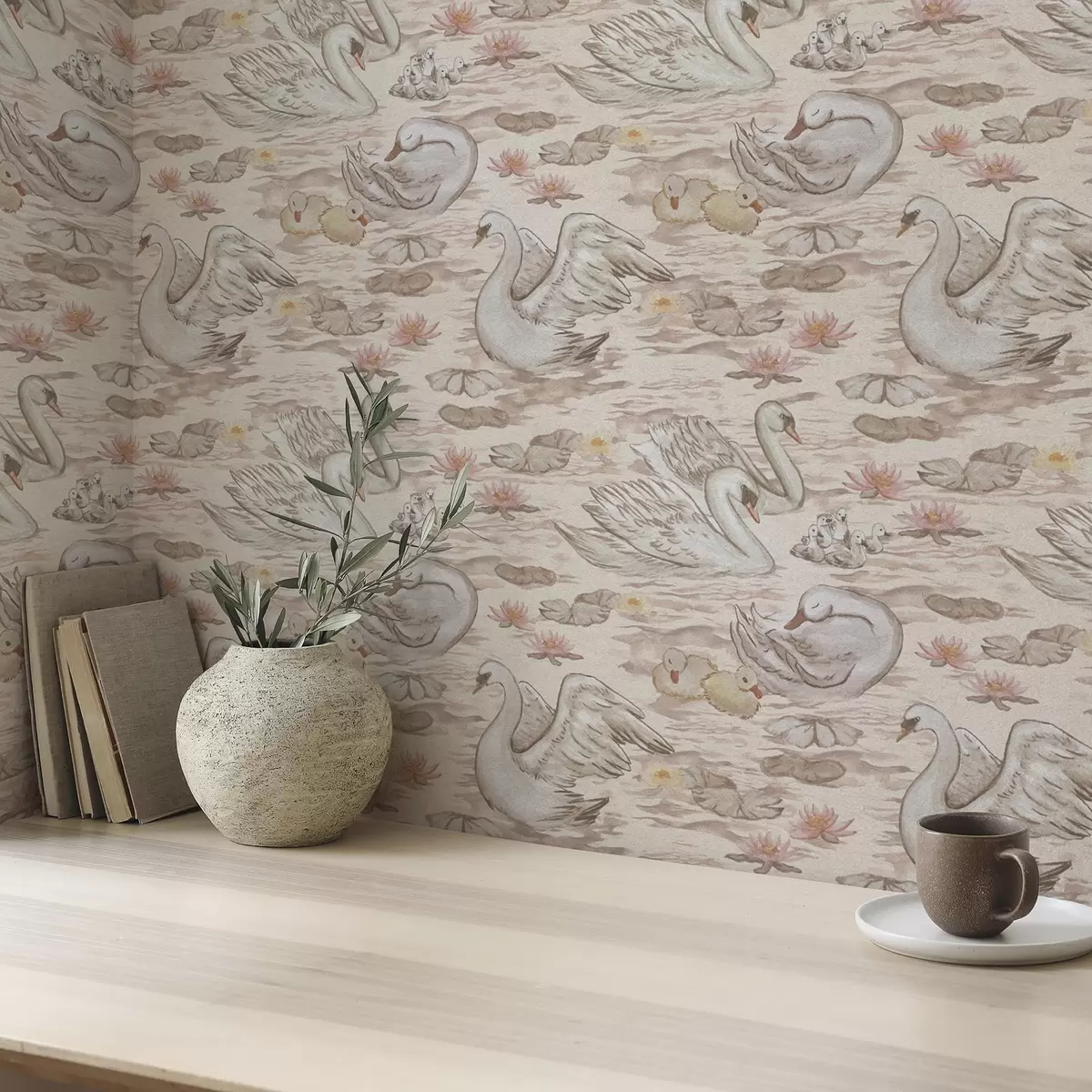 Papier peint Cygnes avec poussins sur fond rose avec nénuphars a00176