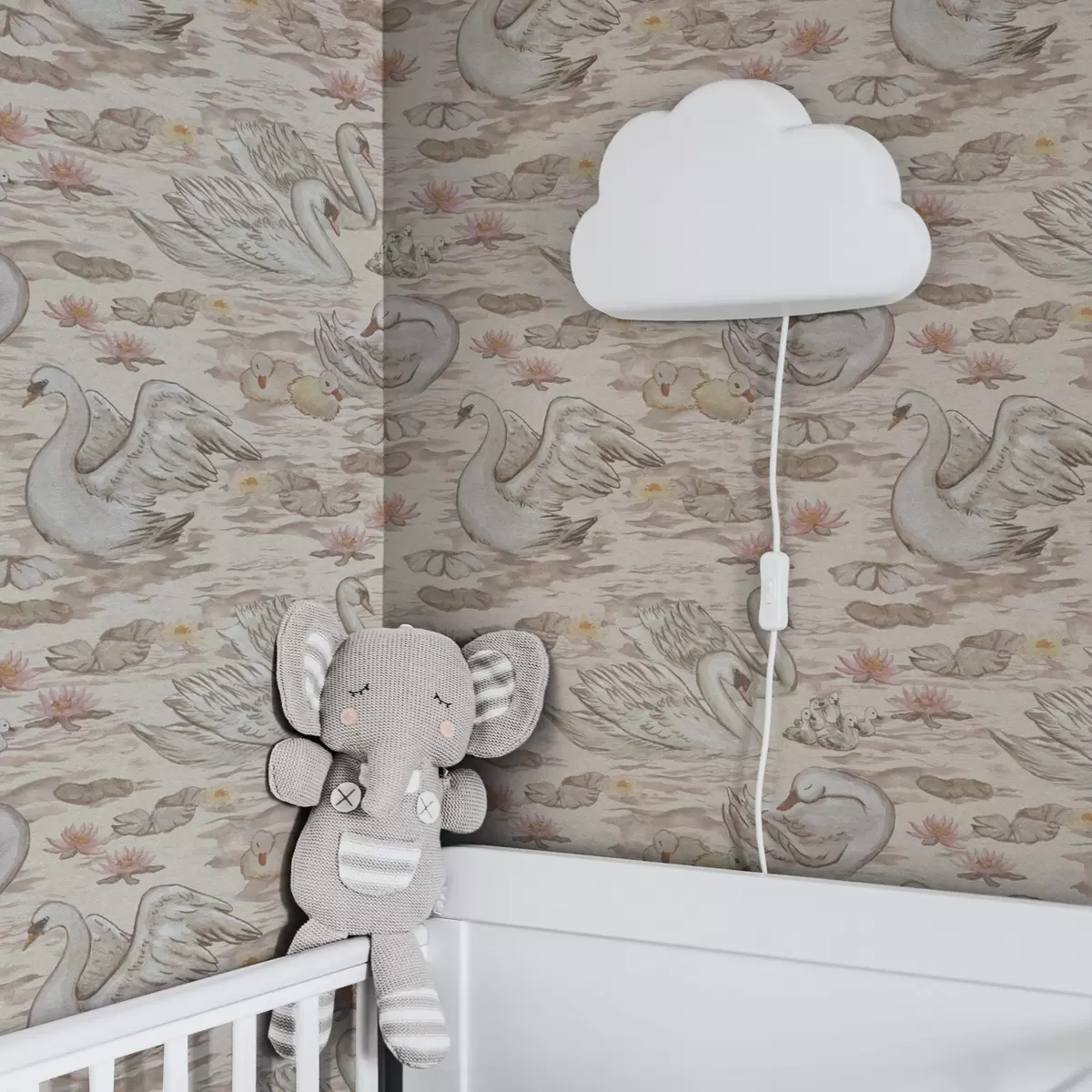 Behang Zwanen met kuikens op roze achtergrond met waterlelies a00176