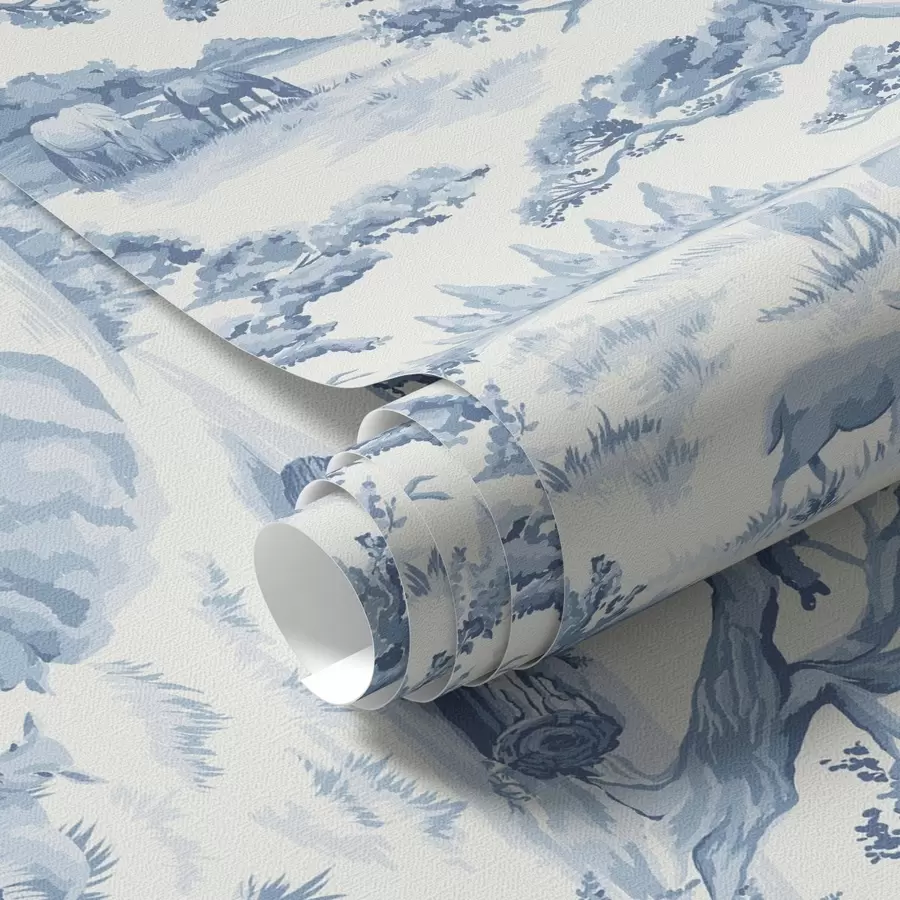 Papier peint photo Paysage rural dans les tons bleus avec des moutons et des arbres a00178