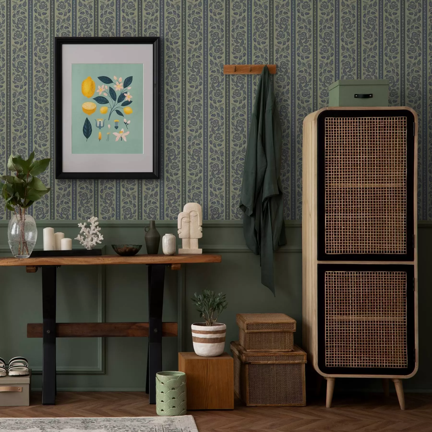 Papier peint photo Ornement vintage bleu avec fleurs et glands a00181v1