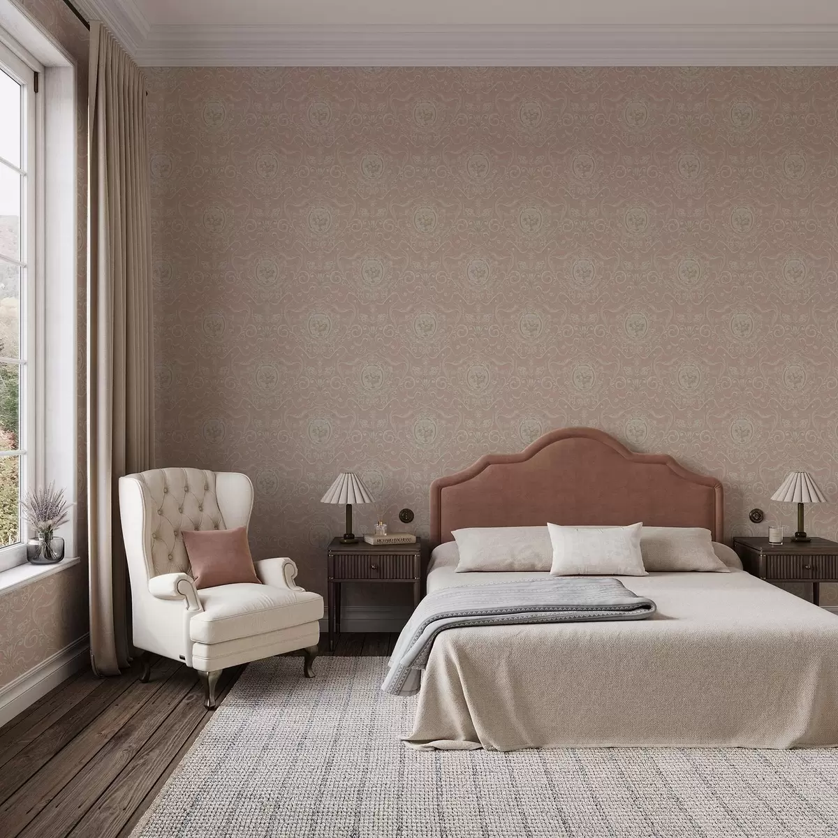 Behang Roze klassiek patroon met medaillons en bloemen a00185